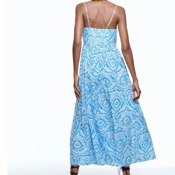 Women's Zara Blue Strappy V-Neck Knot Tie Cotton Maxi Printed Sip Dress Size XL - Picture 3 of 10
